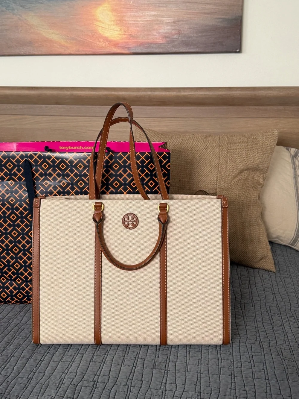 Tory Burch Blake Canvas Tote with Brown Leather Trim